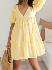 Aiertu - Elegant Maternity Dress for Summer Photoshoot - Stylish V-Neck A-Line Pregnancy Clothes with Puff Sleeves Solid Color Casual Aiertu