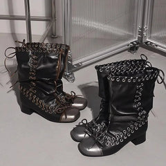 Aiertu - Vintage Pleated Mid-Calf Boots Cross-tied Square Toe Mid Heels Luxury Leather Fashion Novelty Sexy Concise Autumn Women Shoes Aiertu