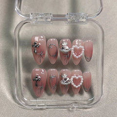 Aiertu 10pcs Blush Pink Fake Nail Patches Handmade Pearl Love Heart Press On Nails Planet Cross Designs Detachable Almond Aiertu