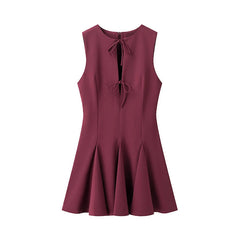 Aiertu - 2025 Women Bow Lace Up O Neck Elegant Mini Dresses Fashion A-line Slim Office Lady Sleeveless Dresses Female Vestidos Aiertu