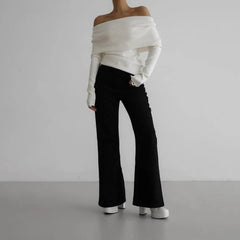 Aiertu - Women's Pullover Long Sleeved Knitted Base Shirt Autumn Winter Office Lady Sweater One Shoulder Sexy Slim Fit Off Shoulder Top Aiertu