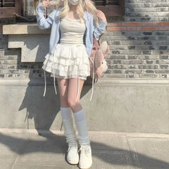 Aiertu New Kawaii Lace Mini Skirt for Women Girl Cute Lolita White A-line Pleated White Skirt Japanese Harajuku Fashion Clothing Aiertu