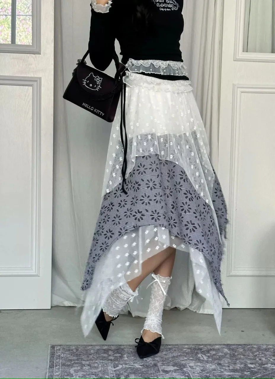 Aiertu - Sweet Girl Lace Mesh Skirt Women's Spring Elastic Waist Irregular Plaid A-line Long Skirt Fashion Female Clothes Aiertu