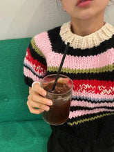 Aiertu - Multicolor Striped Handmade Jumper Sweet Rainbow Wool Blended Color Block Knit Tee Short Sweater Autumn/Winter Woman Knitwear Aiertu