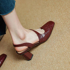 Aiertu New Summer Women Sandals Genuine Leather Shoes for Women Square Toe Chunky Heel Shoes Simple Cover Toe Slingback Buckle Sandals Aiertu