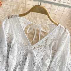 Spring Outfits Back To School Outfits Sexy Lace Hollow Out Blouse Women Summer V-Neck Puff Sleeve Backless Tops Casual Korean Slim Lace Up Solid White Crop Tops Aiertu