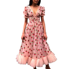 Aiertu - Women Strawberry SequinsEmbroidery Mesh Round Neck Tunic Party Dress Bride Female Luxury Vestidos Para Mujer Pretty Aiertu