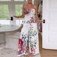 Aiertu - Women Sexy Strapless Top & Straight Pants Suit Summer Pattern Printed Backless Beach Set Fashion Backless Ruffle Holiday Outfit Aiertu