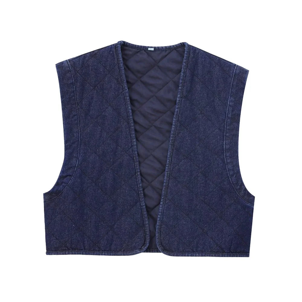 Aiertu - Casual Solid Denim Cotton Vest for Women 2024 Autumn Winter V-Neck Sleeveless Short Tops Female Waistcoat Streetwear Aiertu