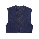 Aiertu - Casual Solid Denim Cotton Vest for Women 2024 Autumn Winter V-Neck Sleeveless Short Tops Female Waistcoat Streetwear Aiertu