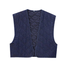 Aiertu - Casual Solid Denim Cotton Vest for Women 2024 Autumn Winter V-Neck Sleeveless Short Tops Female Waistcoat Streetwear Aiertu