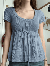 Aiertu -Buttoned Slit Tie Front Knit Top aiertu