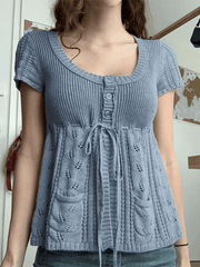 Aiertu -Buttoned Slit Tie Front Knit Top aiertu