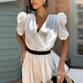 Aiertu - Women Elegant Deep V-neck Satin Blouse 2026 Casual Bubble Short Sleeve Solid Pullover Tops Summer Fashion Draped Commute Shirts Aiertu