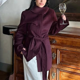 Aiertu - Elegant Burgundy Belt Stand Collar Jacket Women Fashion Long Sleeve Button Wool Blend Coats Chic High Street Lady Long Outwears Aiertu