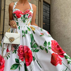 Aiertu - Maxi Dress Women's Summer Elegant Floral Print Halter Sleeveless Nipped Waist Pleated Party Holiday Dresses Streetwear Aiertu