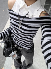 Aiertu - Japanese Spring Autumn High Street Spliced Design Tops Y2k Aesthetic Harajuku Punk Constrast Color Striped Shirts Girl Clothes Aiertu