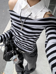 Aiertu - Japanese Spring Autumn High Street Spliced Design Tops Y2k Aesthetic Harajuku Punk Constrast Color Striped Shirts Girl Clothes Aiertu