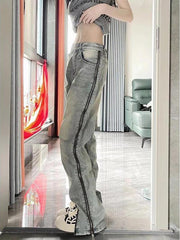 Aiertu Low Rise Washed Straight-Fit Slit Wide-Leg Jeans Aiertu