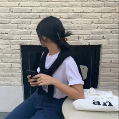 Aiertu - Summer Pure Cotton Women Top Short Sleeved Spring and Autumn Inner Matching Loose Bottomed Shirt Korean Shoulder White T-shirt Aiertu
