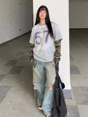Aiertu - American retro old long-sleeved T-shirt women's autumn new fake two-piece camouflage sleeve splicing vintage loose top Aiertu