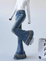 Aiertu - 2000s Distressed Bootcut Cake Pants Women Vintage Patchwork Plaid Whiskers High Waist Flare Jeans Kawaii Bell Bottoms Aiertu
