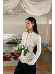 Aiertu - Fairycore T-shirt Woman Long Sleeve Lace Up Bow Tees Female Clothing 2000s Clothes Y2k Solid Autumn Tops Casual T Shirt Aiertu
