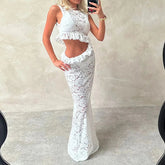 Aiertu - Women Sexy Hottie Sleeveless Party Dress 2026 Elegant Lace Fringe Ruffle Slim Dress Fashion O-Neck Hollow Out Solid Long Dresses Aiertu