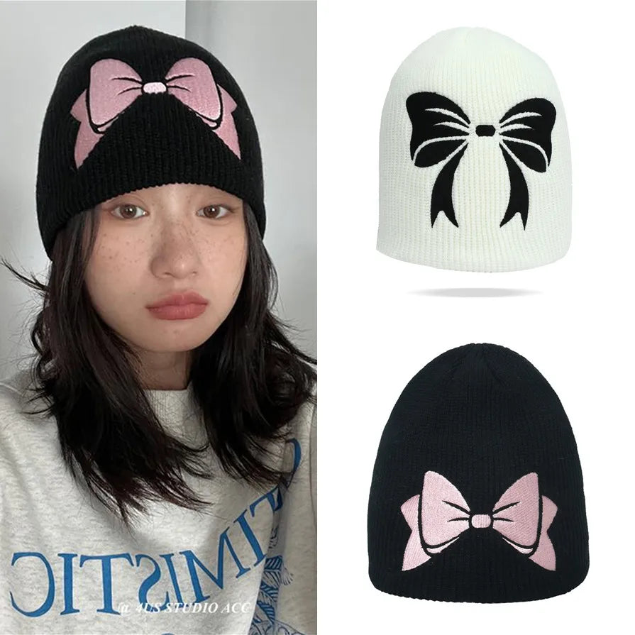 Aiertu - Autumn Winter Bow Embroidery Knitted Hats Women Girls Fashion Pink Bow Warm Adult Beanie Hat Korean Skullies Caps Female Bonnet Aiertu