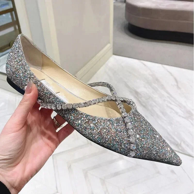 Aiertu - Women's single shoes,Europeanand American spring and autumn newfashionable pointeddiamond chainflat bottomed shallow mouth shoes Aiertu