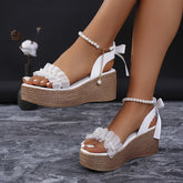 Aiertu Chic Faux Pearl Wedge Sandals - Open Toe, Ankle Strap, Platform Heel in Solid Color Aiertu