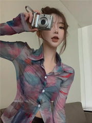 Aiertu Y2K Tie Dye Mesh Shirts Women Sexy Sheer Gradient Blouses Summer Harajuku Korean Long Sleeve Design Sun Protection Tops Aiertu