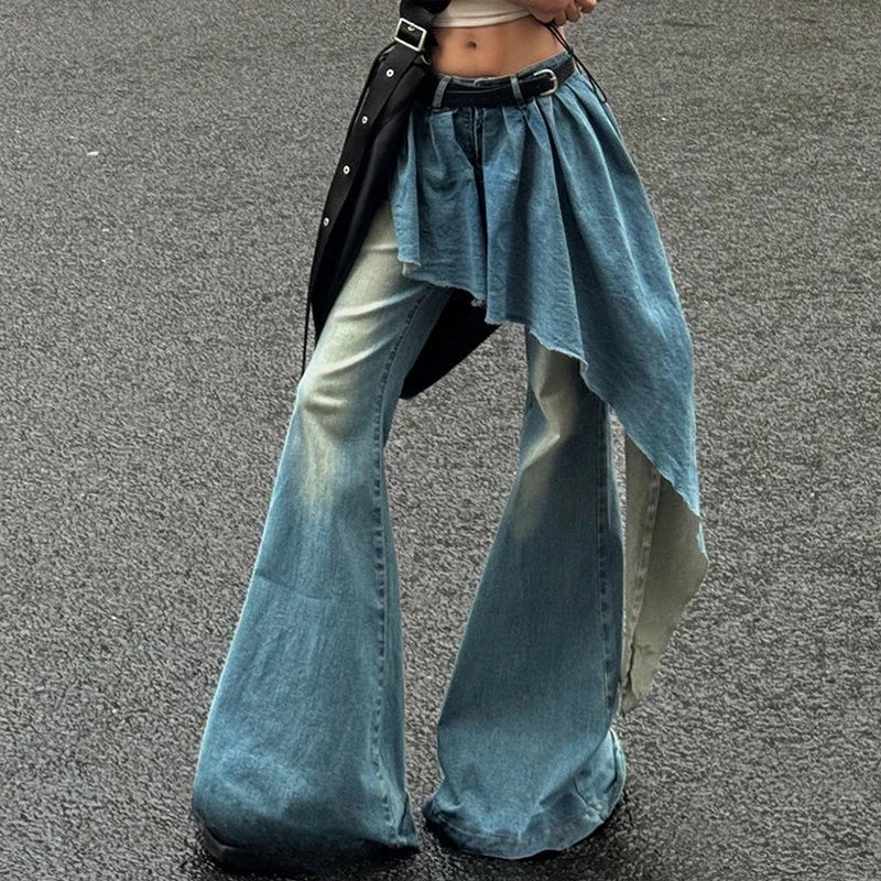 Aiertu Blue Fake Two-piece Jeans Female Autumn and Winter New Retro Niche Design Sense Irregular Skirt Flared Pants Wide-leg Pants Aiertu