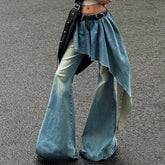 Aiertu Blue Fake Two-piece Jeans Female Autumn and Winter New Retro Niche Design Sense Irregular Skirt Flared Pants Wide-leg Pants Aiertu