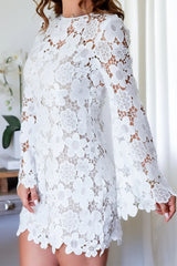 Aiertu - Sexy Hook Flower Hollow Out Backless Flowers O Neck Long Sleeve Dresses Aiertu