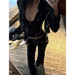 Aiertu Y2K Cropped Black Shirts Women Vintage Sexy V Neck Tunic Blouses Harajuku Gothic Aesthetic Long Sleeve Zipper Slim Tops Aiertu