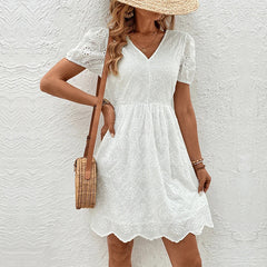 Aiertu - 2026 New Summer V-neck Dress White Short Sleeved Women's Fashion Hooked Flower Hollow Lace Dresses Open Back Lace Up Dress Aiertu
