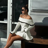 Aiertu - Autumn Off The Shoulder Sweater Dress 2026 Elegant Long Sleeve Knitted Dress Sexy Causal Warm White Dress Women Aiertu