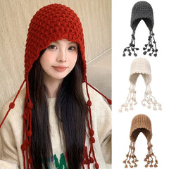 Aiertu - Winter Handmade Beanies for Women Fashion Tassel Thickened Warm Knitted Pullover Hat Outdoor Ear Protection Strap Woolen Bonnets Aiertu