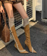 Aiertu Fine Splicing Stiletto Boots Yellow Suede Fuzzy Wool Lined Pointed Toe Aiertu