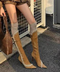 Aiertu Fine Splicing Stiletto Boots Yellow Suede Fuzzy Wool Lined Pointed Toe Aiertu