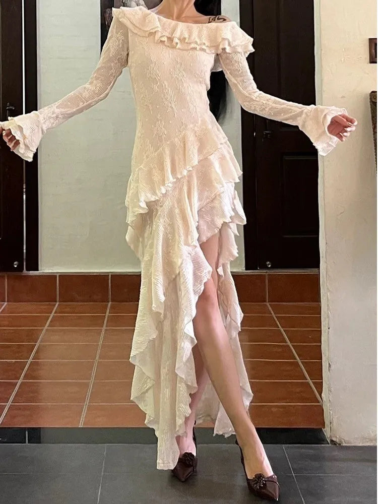 Aiertu - Y2K Sexy Solid Jacquard Party Dress for Women Layered Ruffles Slim Irregular Dresses Autumn Prom Robe Wedding Vestidos Mujer New Aiertu