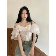 Aiertu Cropped Slash Neck Shirts Women Fashion Black Sexy Off Shoulder Blouses Summer Korean Office Ladies Elegant Slim Crop Tops Aiertu