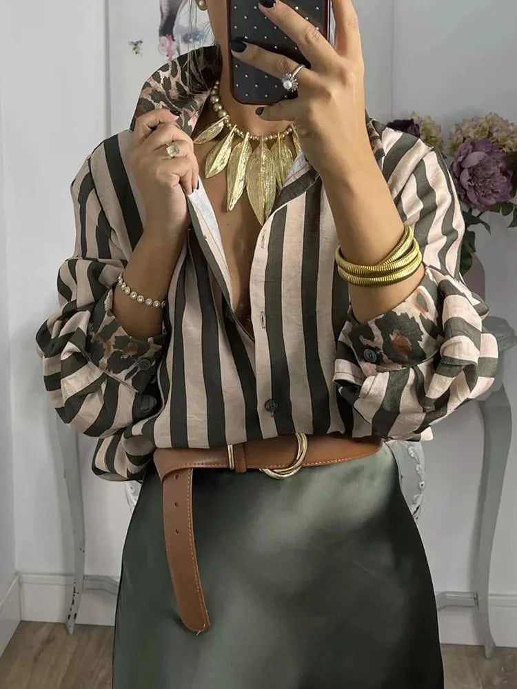 PICSGIRL - Autumn Winter Loose Patchwork Simple Top, Women Single-Breasted Fashion Blouses, Long Sleeve Striped Ladies Cardigan Shirts Aiertu