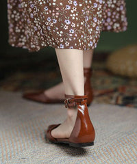 Aiertu Fashion Brown Cowhide Leather Walking Sandals Pointed Toe Buckle Strap Aiertu