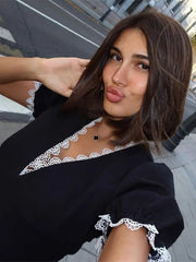 Aiertu - Women Black Puff Short Sleeve Lace White Hem Mini Dress Sexy V Neck Wrap Waist A Line Vestido Fashion Ladies Commute Street Robe Aiertu