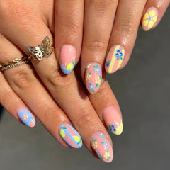 Aiertu - 24PCS Sweet Dopamine Flowers French False Nails Artificial Wearable Almond Press on Nail with Blue Stripes Design Fake Nail Tips Aiertu