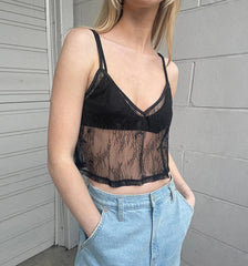 Aiertu - Lace Jacquard Sheer Tank Top Women V Neck Sleeveless Transparent Sleeveless Crop Tops Sexy Fashion Black Mesh Smock Camis New Aiertu
