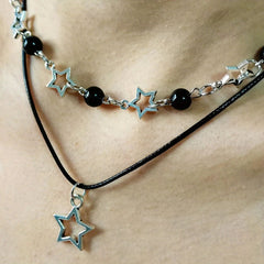 Aiertu Fashion Double Layered Black Bead Star Choker Necklace Punk Pentagram Leather Rope Necklaces For Women Girls Aiertu