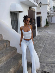 Aiertu - Simple Letter Print 2 Piece Set Women Halter Bandage Crop Tops+Drawstring Stretch Flare Pants Vacation Matching Suits Aiertu